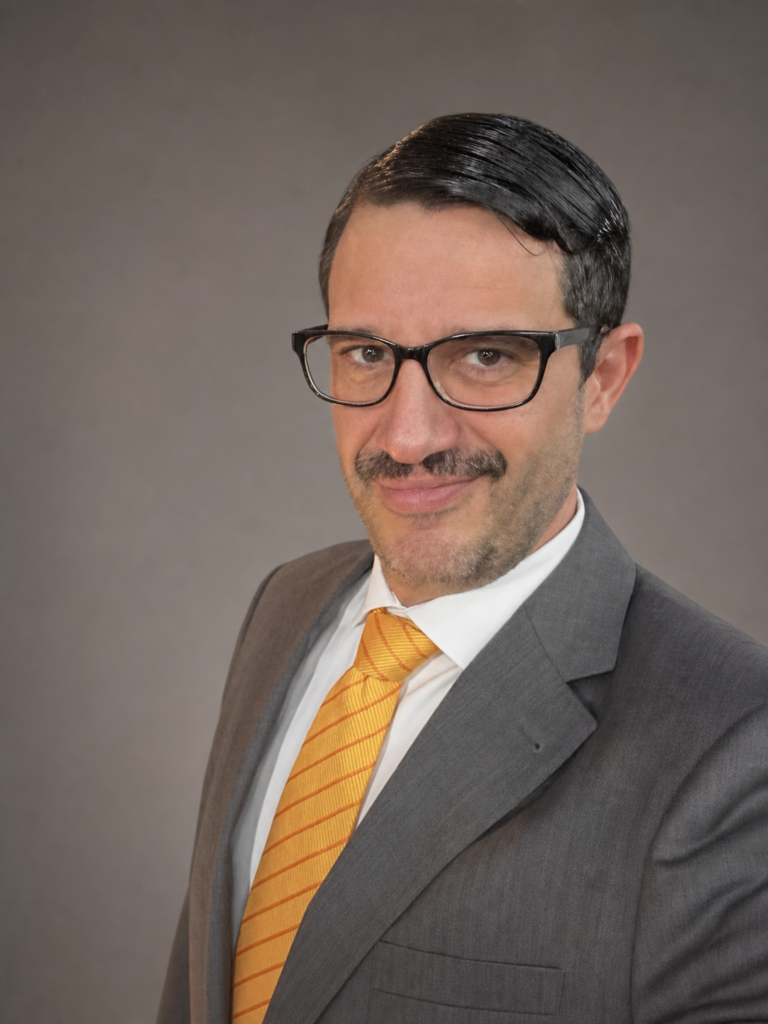 Antonio Escudero actor - retrato profesional caracterizado con traje, gafas y bigote - retrato de casting